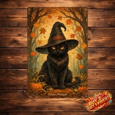 Witch Hat Cat Vintage Metal Tin Sign 12x8 Halloween Iron Wall Art Decor
