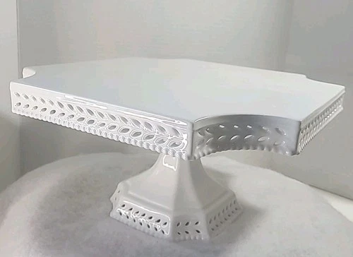 Vintage White Square Pedestal Porcelain Cake Stand w/Cutouts 13" Square x 6.5"