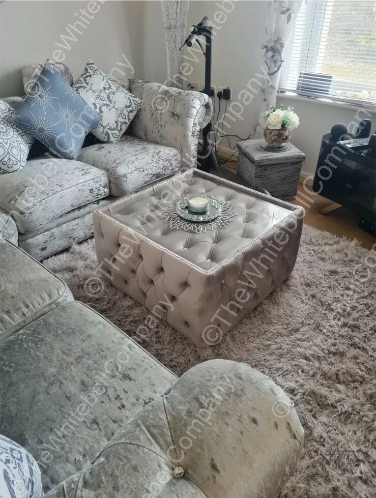 Luxurious Lilly Plush Velvet Chesterfield Glass Top Coffee Table