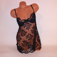Vintage Victoria Secret Lingerie Chemise Slip 36B Black Allover Lace Beaded Trim