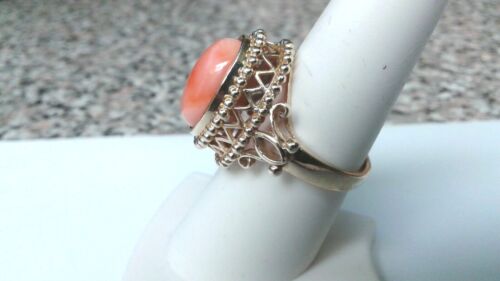DARK PINK CORAL SOLID 14KT YELLOW GOLD RING SIZE 7.25 - 8.1gm - Picture 4 of 10