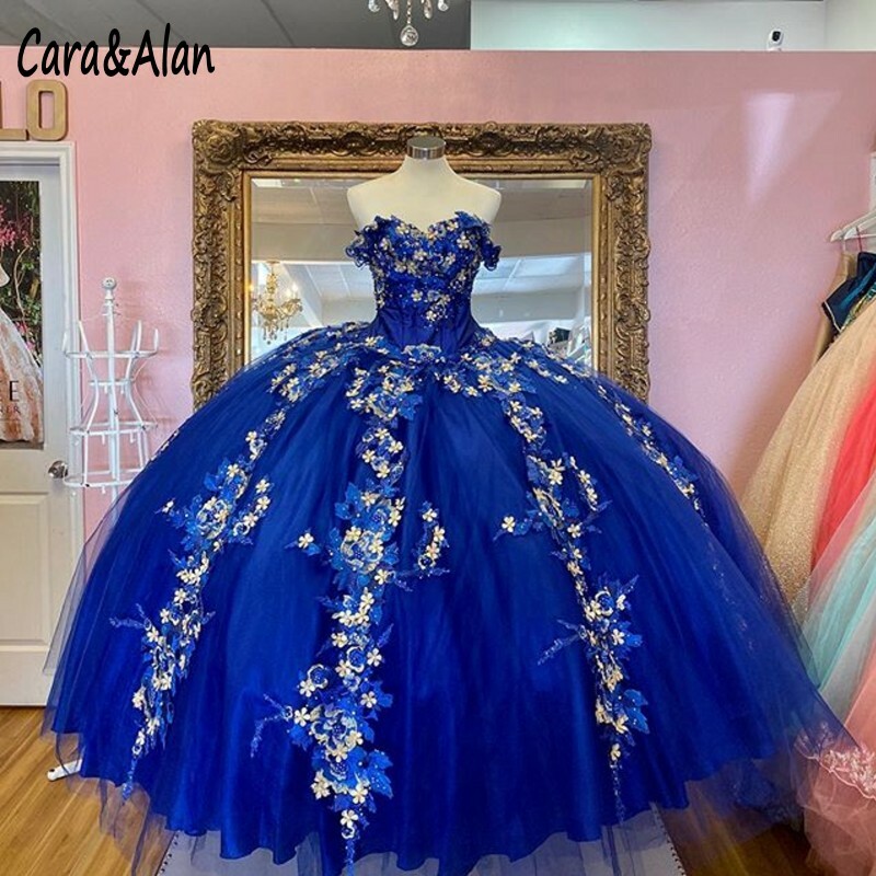 Royal Blue Quinceanera Dresses Sweet 16 with 3D Floral Off Shoulder Ball  Gowns | eBay