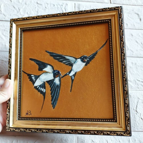 Swallow Bird painting Couple of swallows Art Gold Framed Fly Bird Artwork - Picture 9 of 12