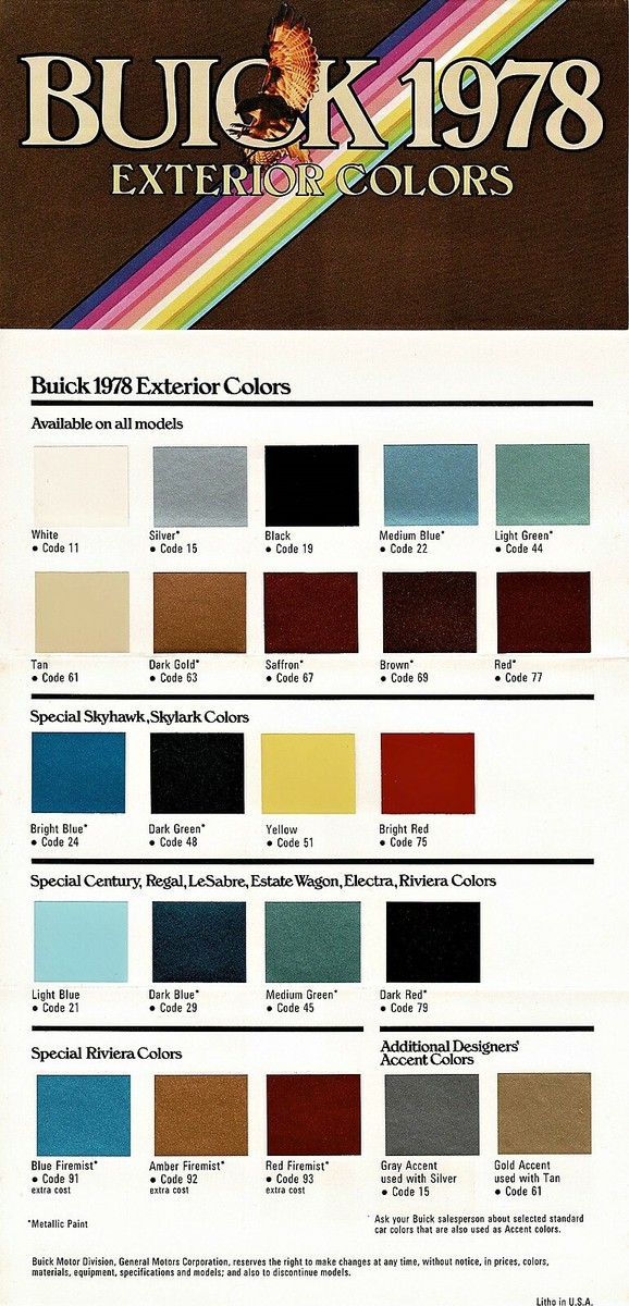 1978 Buick Full Line Factory Colors Brochure w/Paint Chips & Vinyl