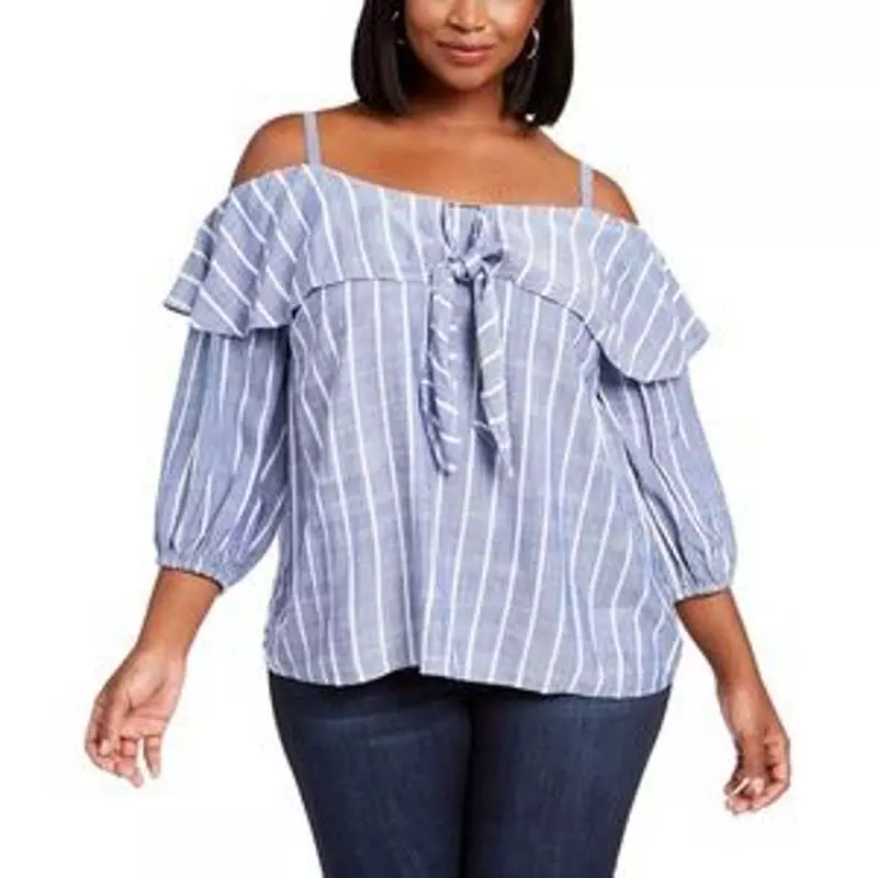 INC Womens Striped Cold Shoulder Blouse Blue Sailor Tie Balloon Sleeves Top LG