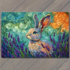 Art Print Colorful Rabbit Lavender Meadow Swirling Sky Bright Nature Bunny