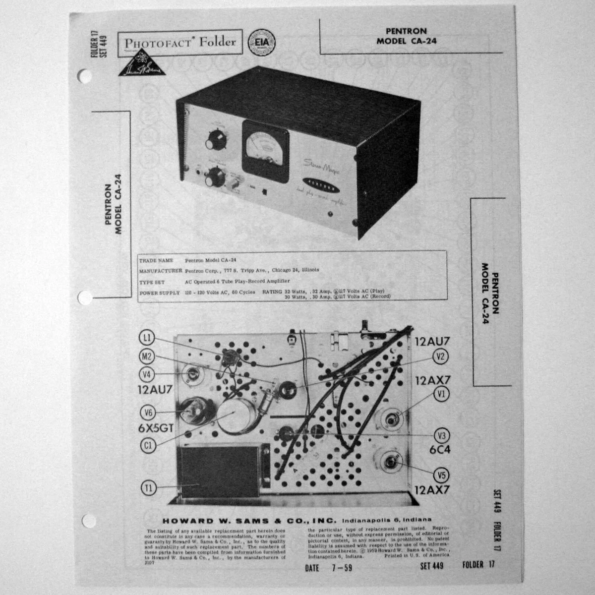 Pentron Model CA-24 Tube Record Play Amplifier - SAMS Photofact ™ 1959 -  New NOS | eBay