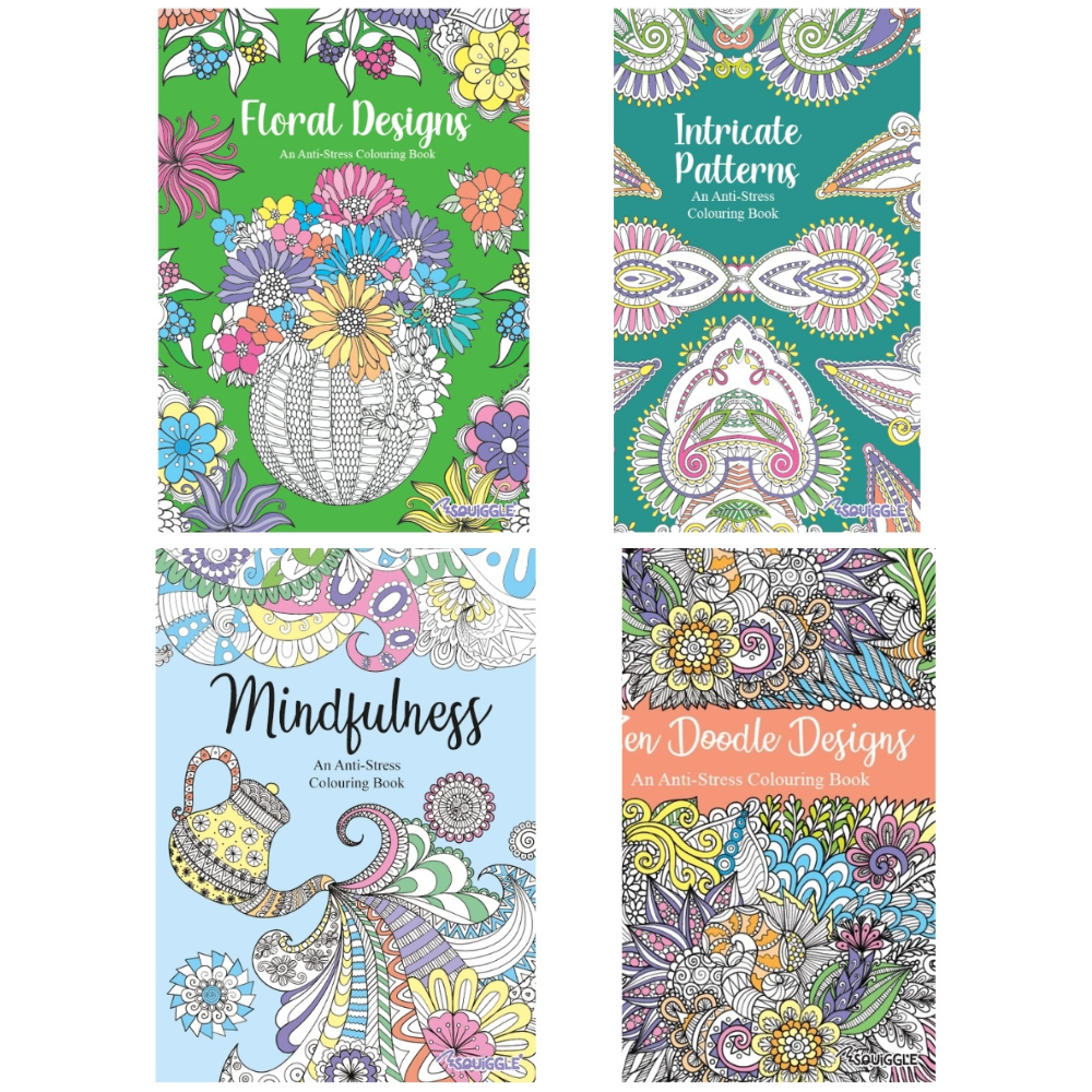 4 x Zen Doodle Floral Mindfulness & intricate Anti Stress Colouring Books