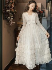 Sweet LaceFairy Dress Women Retro Bow V-Neck Princess Dress Lady Lolita BallGown