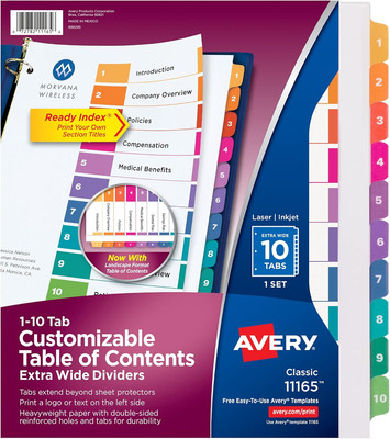 Extra-Wide Ready Index Dividers for 3 Ring Binders, 10 Tab Set, Printable Table 