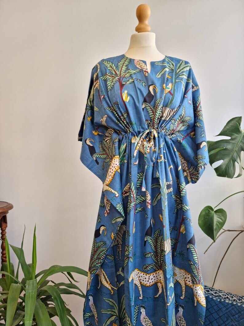 India Blue Tiger Forest Kaftan Summer Bikini Cover Up Maxi Beach Kimonos Dresses