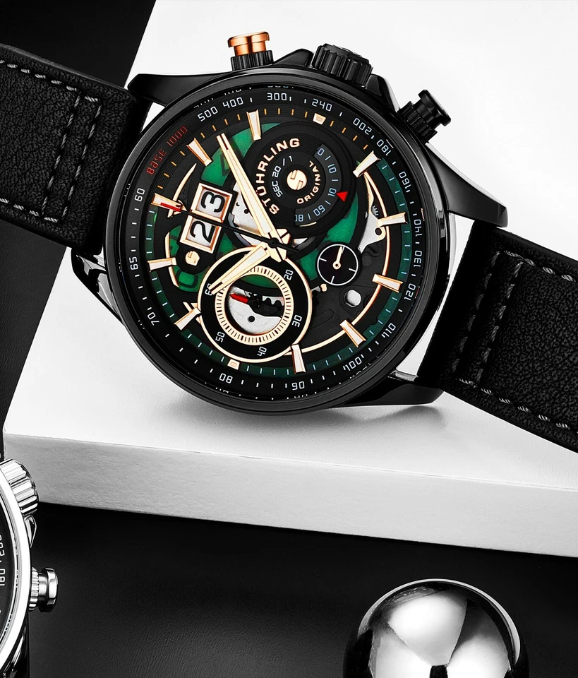 Stuhrling Men's Chronograph Tachymeter Ace Aviator 923 Quartz 45mm premium Watch Foto 2 de 4