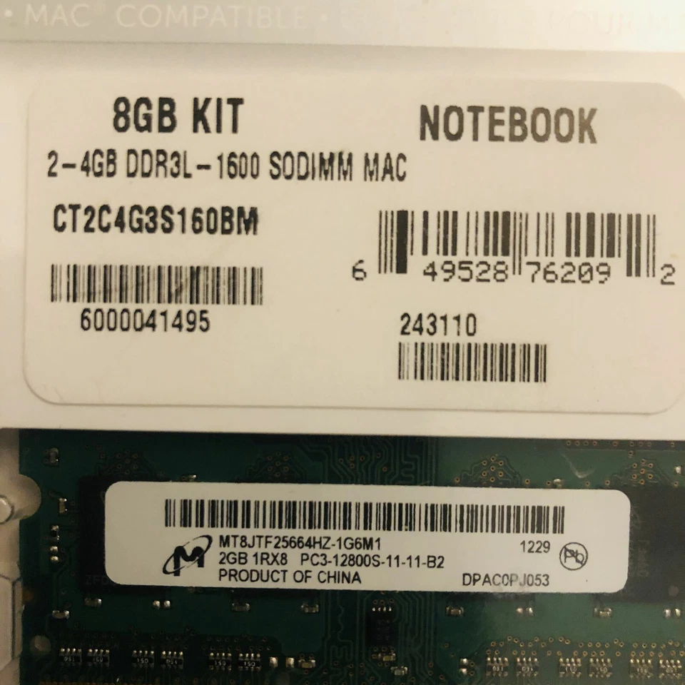 CRUCIAL Memory by Micron 8GB KIT 2-4GB Notebook DDR3L 1600 SODIMM CT2C4G3S160BM - Image 2 of 2