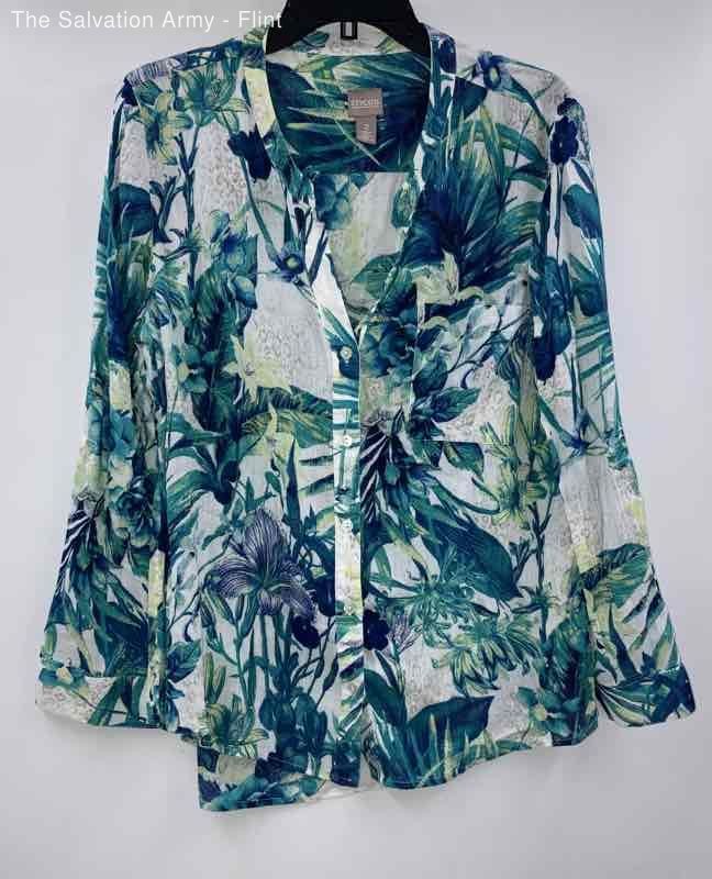 Chico's Womens Green White Floral 3/4 Sleeve Button Front Blouse Top Size 2