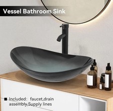 Bathroom Basin Sink Tempered Glass Clockroom Countertop Wash Bowl Tap Waste Set