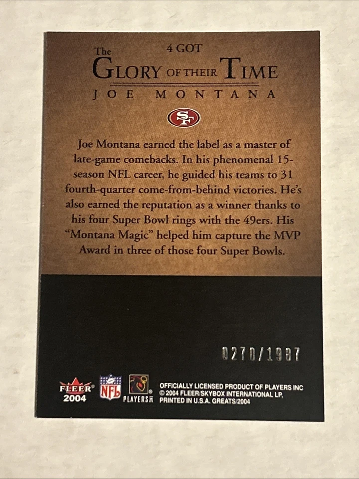 2004 Fleer Greats - The Glory of Their Time Joe Montana #4 GOT /1987 - Image 2 of 2