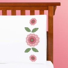Herrschners  Retro Roses Pillowcase Pair Stamped Cross-Stitch