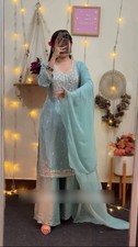 Stylish Sky Blue Heavy Faux Georgette Top Palazzo And Dupatta For Festival Wear