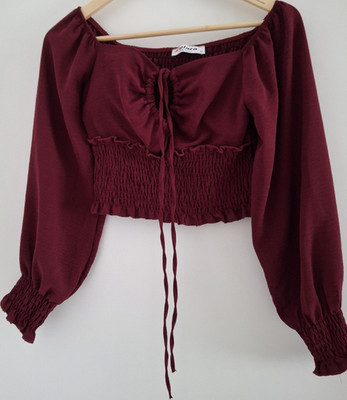Elana Kattan Damen Bluse bauchfrei burgunderrot Carmen Rüsche Schleife M langarm