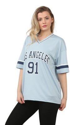 Damen Football Varsity T-Shirt V-Ausschnitt LA 91 American Summer Baggy Oversized Top