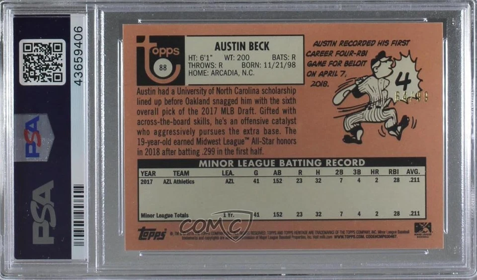 2018 Topps Heritage Minor League Edition Blue /99 Austin Beck #88 PSA 9 MINT - Image 2 of 2