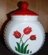 Vintage Fire King Red Tulip Grease Jar White Milk Glass with Red Lid