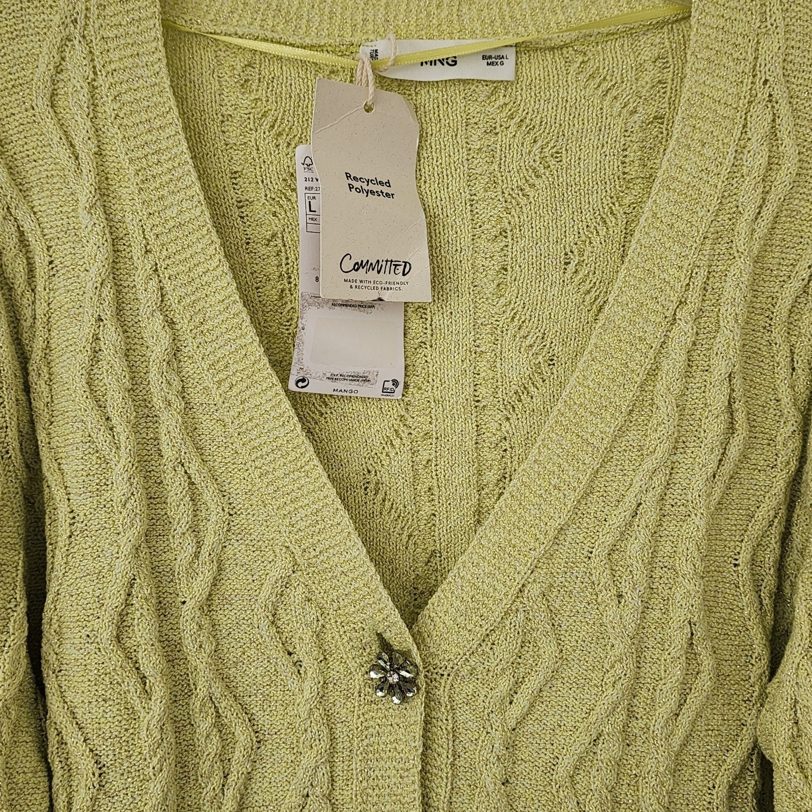 Mango Metallic Lurex Knitted Cardigan Lime Green Jewel Buttons New With Tags L thumbnail 2