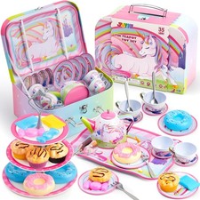 JOYIN 39 Pcs Unicorn Castle Pretend Tin Teapot Set for Tea Party and Kids Kit...