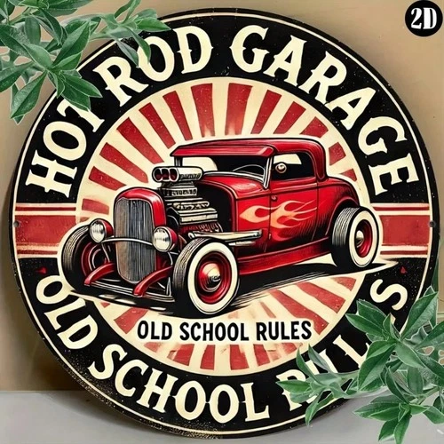 Vintage-Style Hot Rod Garage Tin Metal Signs Home Décor Round, Premium, Mechanic