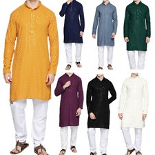 Men Floral Embroidered Chikankari Cotton Kurta with Pyjamas Set