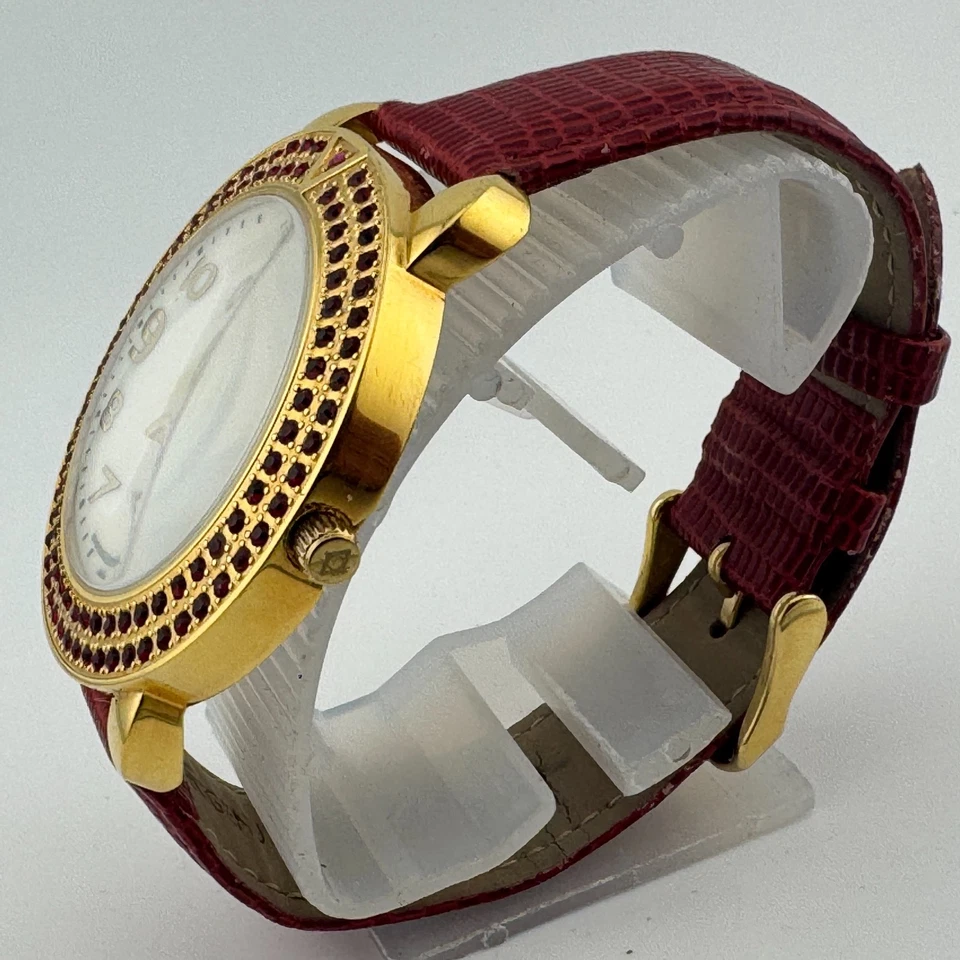 Reloj de Cuarzo Suizo Akribos Rubí Unisex 50m Acero Tono Dorado Cuero Rojo Nuevo Batte Foto 4 de 4