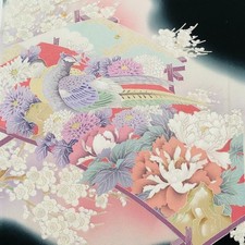 Ceremony B 14x65 LONG Hand Painted Tomesode Black Silk Kimono Fabric ToF85