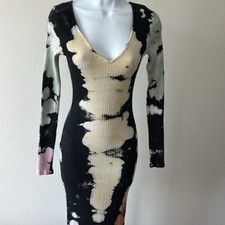 Ribbed Tie-Dye Dress L Bodycon V-Neck Bleach Wash Grunge Indie Sleaze Streetwear