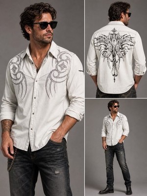 Y2K Vintage Roar Buckle Shirt 3XL Skull Cross Button Down Biker Gothic