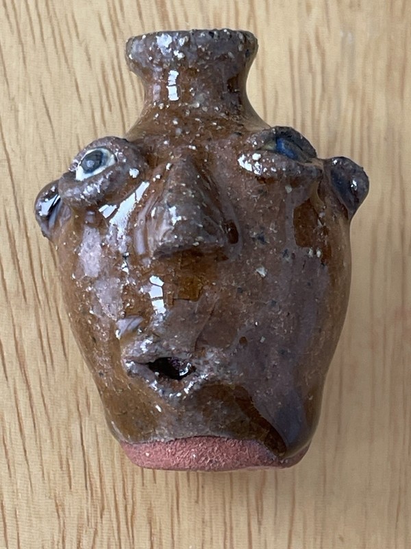 Folk Art Southern NC Pottery Face Jug Miniature 1 1/4” Signed