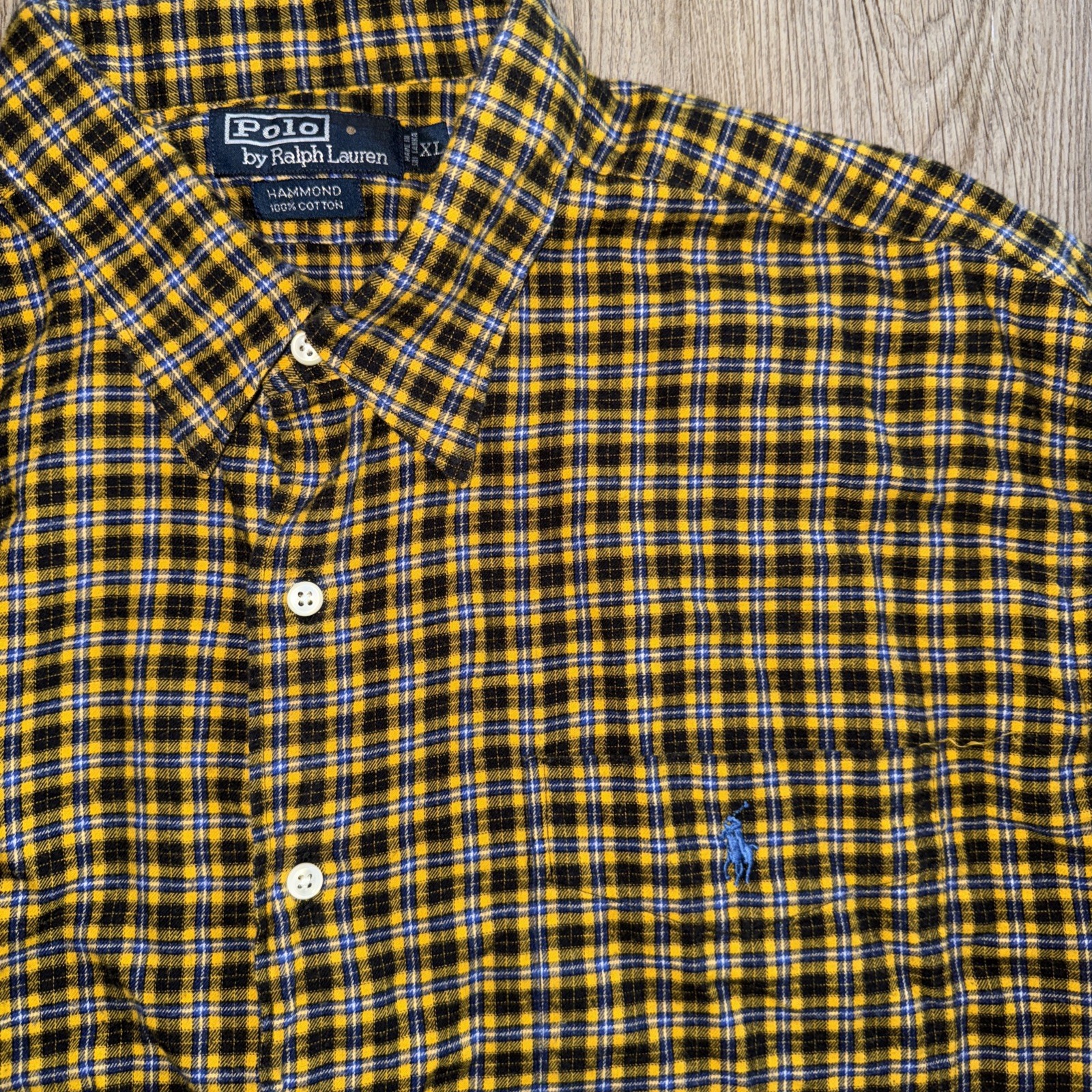 Vintage Polo Ralph Lauren Mens Size XL Black Blue Yellow Plaid Flannel Cotton