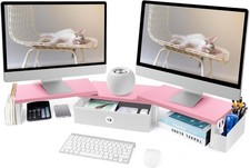 Dual Monitor Stand Riser W/ Drawer Metal Leg Large Desk Shelf For 2 Monitors