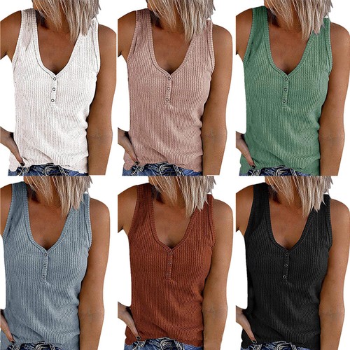 Damen-Top Mit V-Ausschnitt Ärmellos T-Shirt Tanktop Leibchen Weste Sommer 〒 - Picture 4 of 18