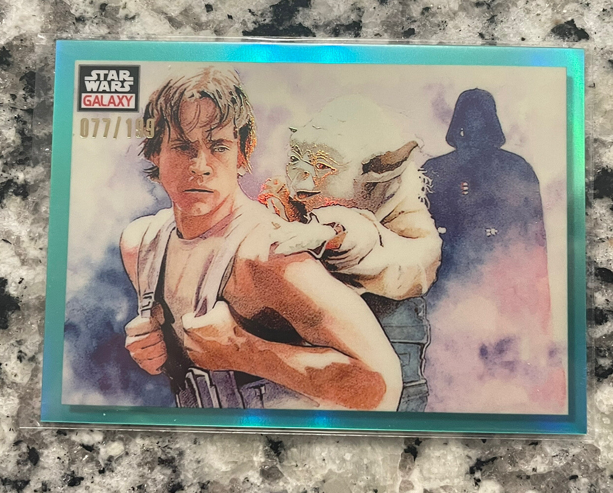 2023 Topps Chrome Galaxy Star Wars Weight Of Destiny Aqua /199 Luke Vader Yoda!