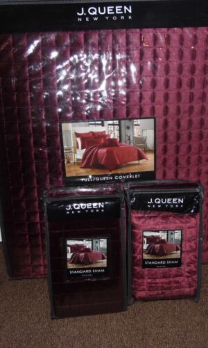 J Queen New York  Full/Queen Quilted Coverlet & 2 Standard Shams Glacier Wine - Picture 1 of 10