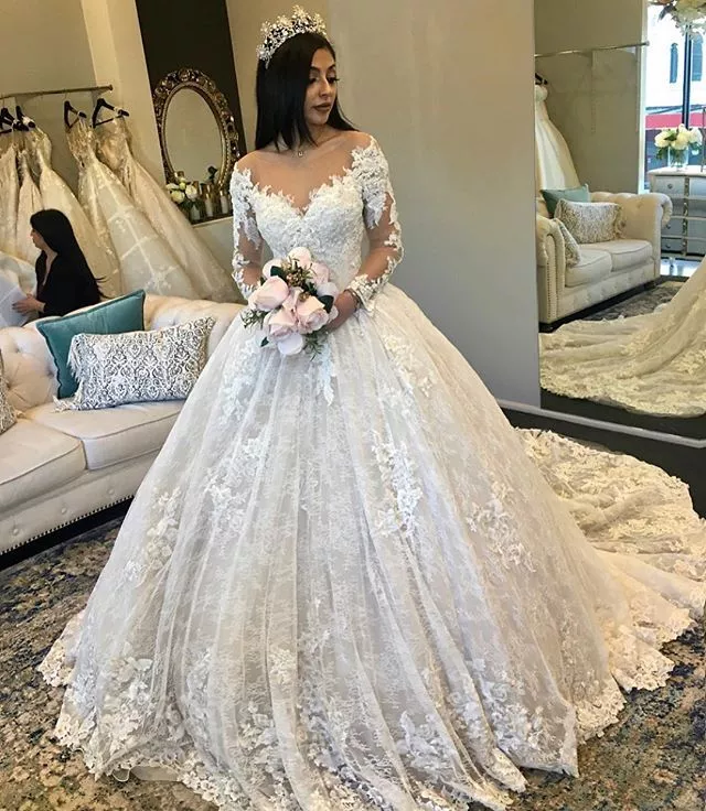 Princess Wedding Dresses with Court Train Long Sleeves Sexy V Neck