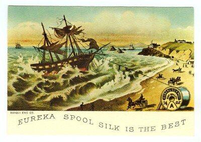 1880s SAN FRANCISCO CLIFF HOUSE EUREKA SPOOL SILK TRADE CARD~NEW 1975 POSTCARD