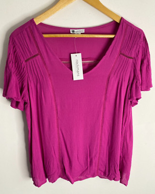 Rockmans Blouse Womens Size 10 Pink Cap Sleeve V-Neck Woven Top Flowy Comfy NWT