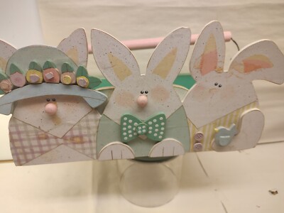 Handmade Wooden Bunnies Storage Box  w/Handle Easter Decoration Hand Painted