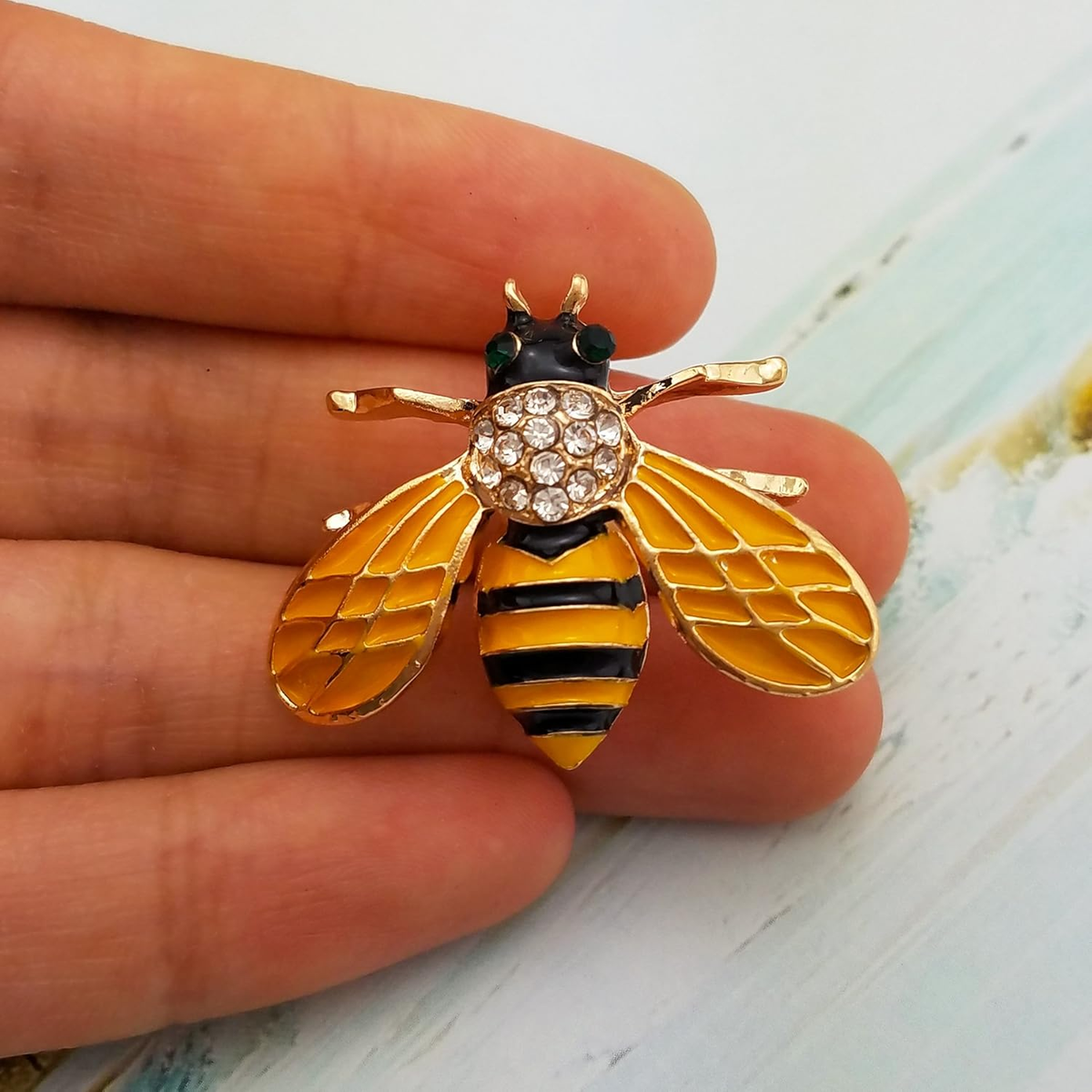 Honeybee Bee Yellow Enamel Small Cute Brooch Pin Gold Tone Clear