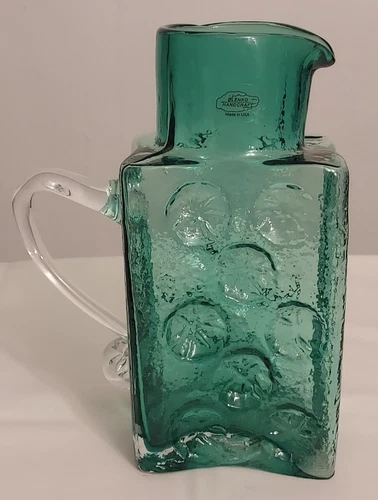 MCM Blenko SEAFOAM Green JOEL MYERS Art Glass PINWHEELS Lemon Block Deco PITCHER