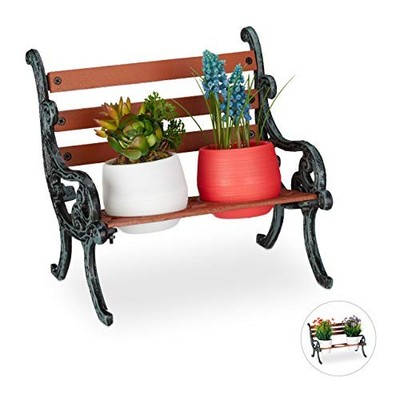 Relaxdays Mini Blumenbank, Holz & Gusseisen, Blumenhalter für 2 Töpfe, Garten