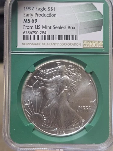 1992 MS69 Silver Eagle Early Production NGC - Green Box Label