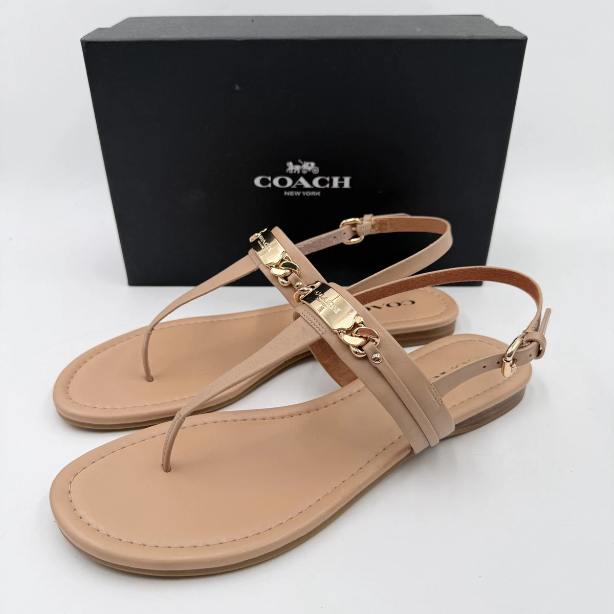 Coach Beige Canvas and Brown Leather Thong Sandals Brand Arena | Coach Evy Sandals in Signature Jacquard Canvas  main image 3