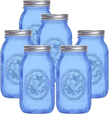 eleganttime Regular Mouth Mason Jars 32 oz,6 Pack Blue Glass blue-regular 